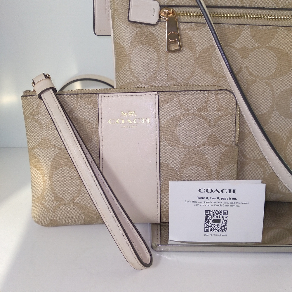 Coach Signature Leather Canvas Light Khaki Mini Rowan File Crossbody Bag Set - Picture 2 of 16